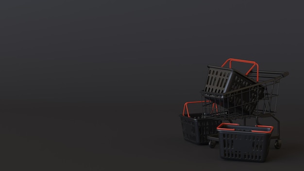 3d rendering Black and red Shopping Basket and Shopping Cart