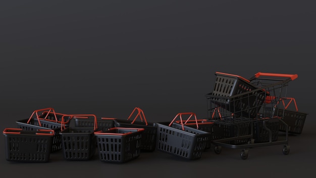 Photo 3d rendering black and red shopping basket and shopping cart