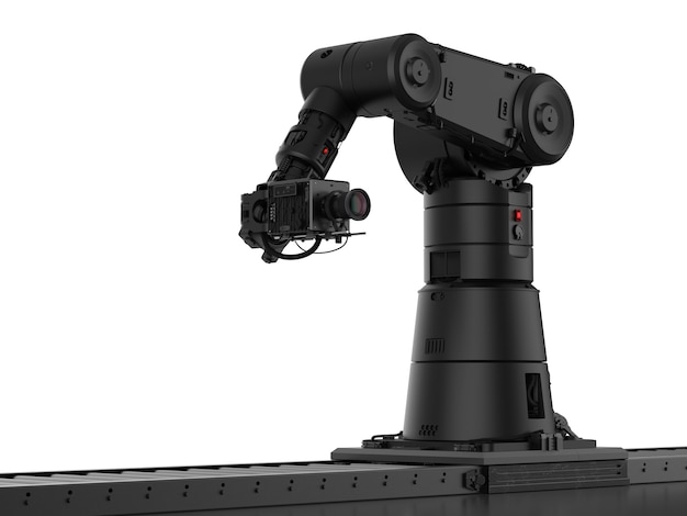Photo 3d rendering black robotic camera with slider dolly