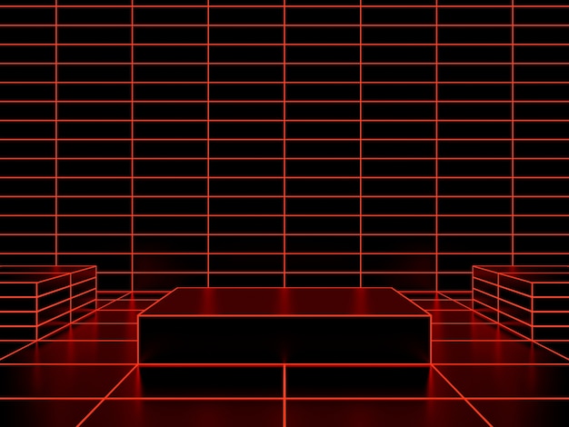 3D-рендеринг. Черная подставка и красная сетка неоновых огней.