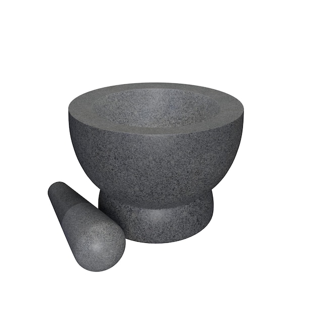 3D rendering black stone mortar and pastle on white background