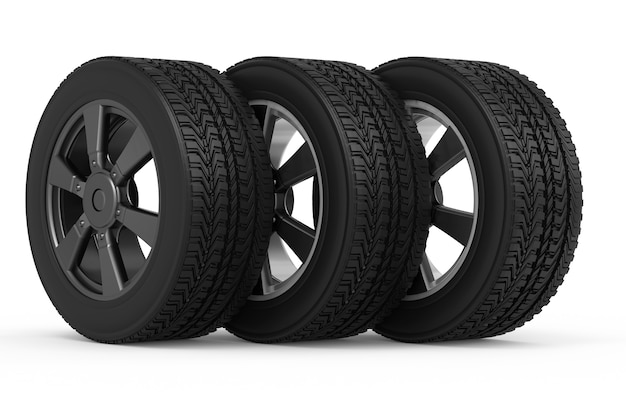 3d rendering black tire with black wheel disk in a row