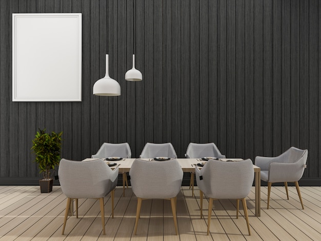 3d rendering black wall dining room with minimal dining set