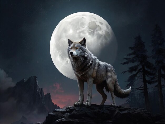 3D rendering of a black wolf or werewolf with glowing red eyes howling at the big moon Stars in the night sky fog on the ground