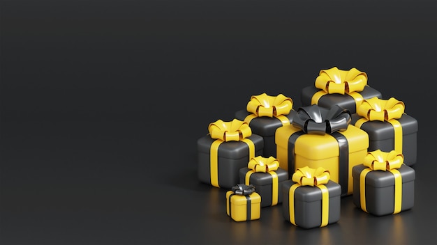 3d rendering black and yellow gift box for birthday