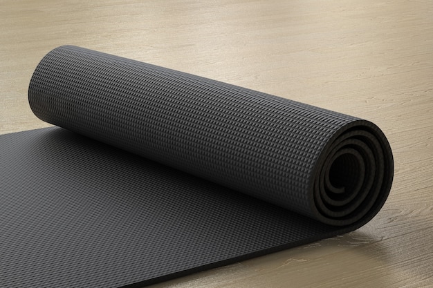 Photo 3d rendering black yoga mat on the floor