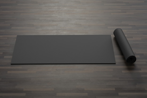 3d rendering black yoga mat on the floor