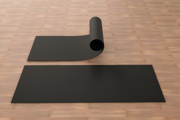 Фото 3d рендеринг черный коврик для йоги на деревянном полу