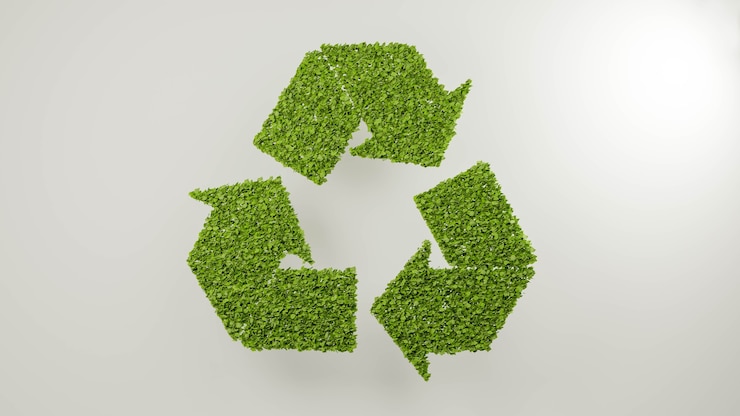 Foto 3d-rendering bladeren vormen recycle symbool, groene natuur milieu recycling abstracte illustratie achtergrond concept, biologisch afbreekbaar plastic gratis pakket teken