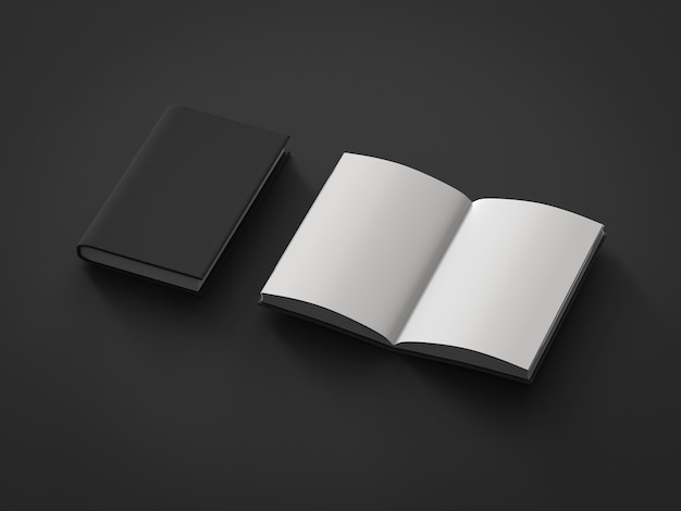 3D-rendering blanco pagina's notebook op zwarte achtergrond