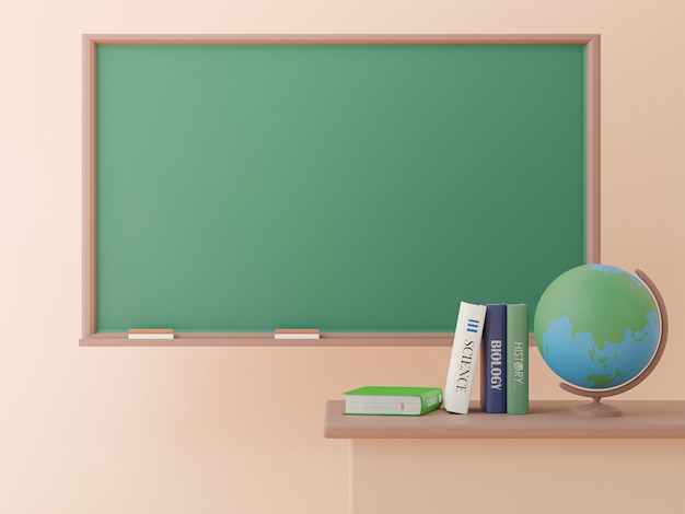 3D rendering, Blank blackboard with world globe and books