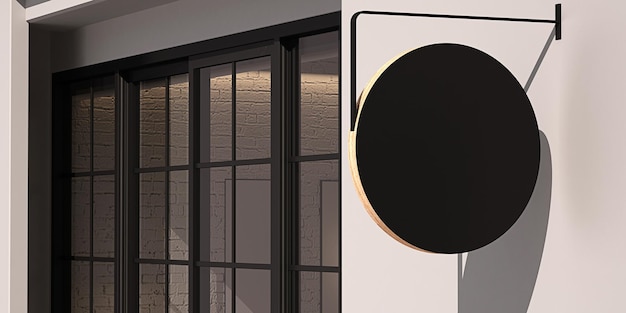 3d rendering blank circle mockup, black empty signage on shop front.