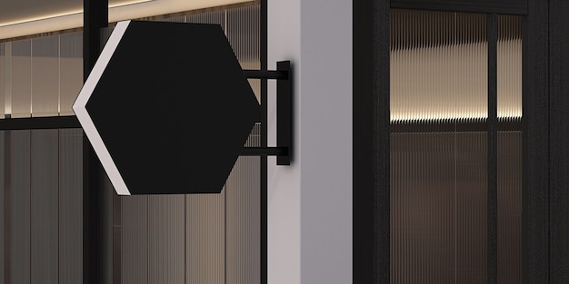 3Dレンダリングの空白の六角形のモックアップ、店頭の黒い空の看板。