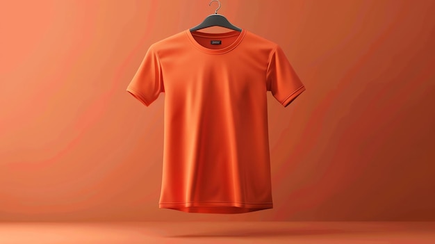 3D rendering of a blank orange tshirt on a hanger against a matching orange background