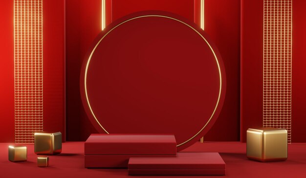 3D rendering of blank product background for cream cosmetics Modern red podium background