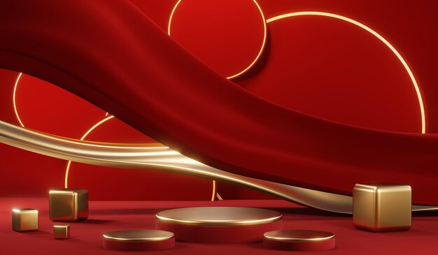 3D rendering of blank product background for cream cosmetics Modern red podium background