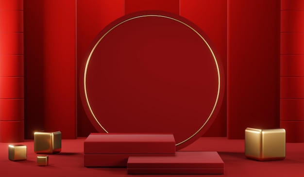 3D rendering of blank product background for cream cosmetics Modern red podium background