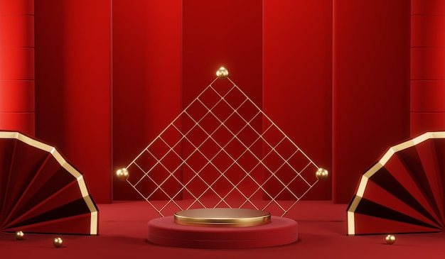 3D rendering of blank product background for cream cosmetics Modern red podium background