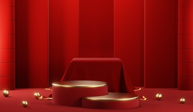 3d rendering of blank product background for cream cosmetics modern red podium background