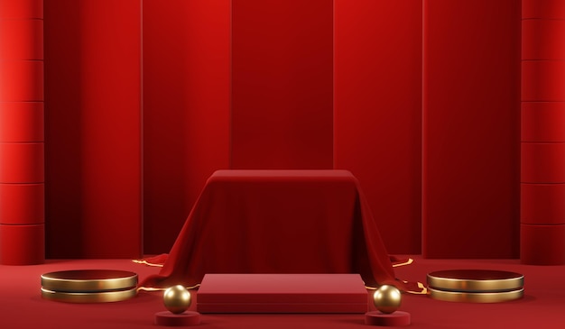 3D rendering of blank product background for cream cosmetics Modern red podium background