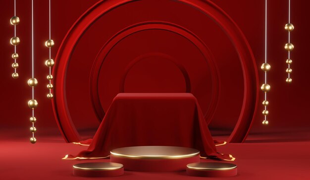 3D rendering of blank product background for cream cosmetics Modern red podium background