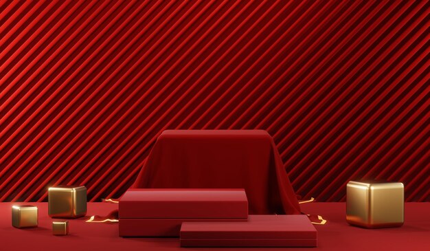 3D rendering of blank product background for cream cosmetics Modern red podium background