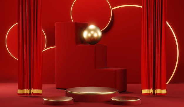 크림 화장품에 대한 빈 제품 배경의 3D 렌더링 현대 빨간색 연단 배경