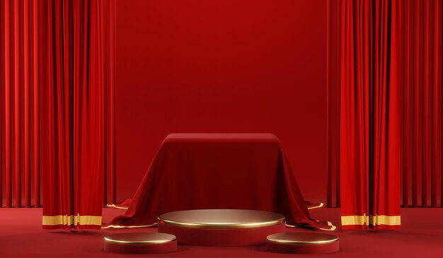 クリーム化粧品の空白の製品背景の 3 D レンダリング モダンな赤い表彰台の背景
