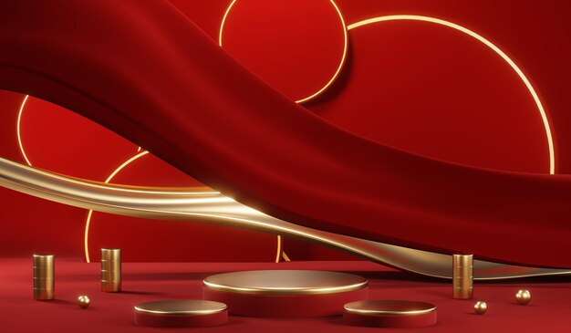 3D rendering of blank product background for cream cosmetics Modern red podium background