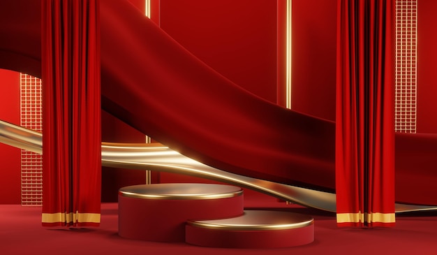 3D rendering of blank product background for cream cosmetics Modern red podium background