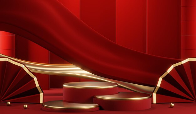 3D rendering of blank product background for cream cosmetics Modern red podium background