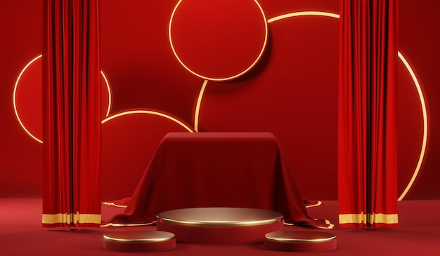 3d rendering of blank product background for cream cosmetics modern red podium background