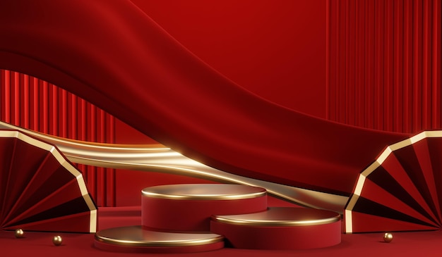 3D rendering of blank product background for cream cosmetics Modern red podium background