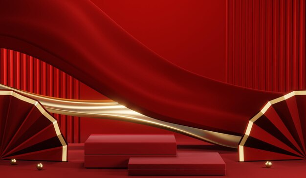 3D rendering of blank product background for cream cosmetics Modern red podium background