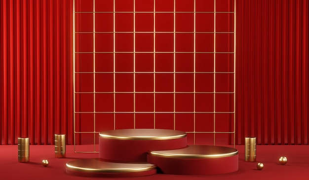 3D rendering of blank product background for cream cosmetics Modern red podium background