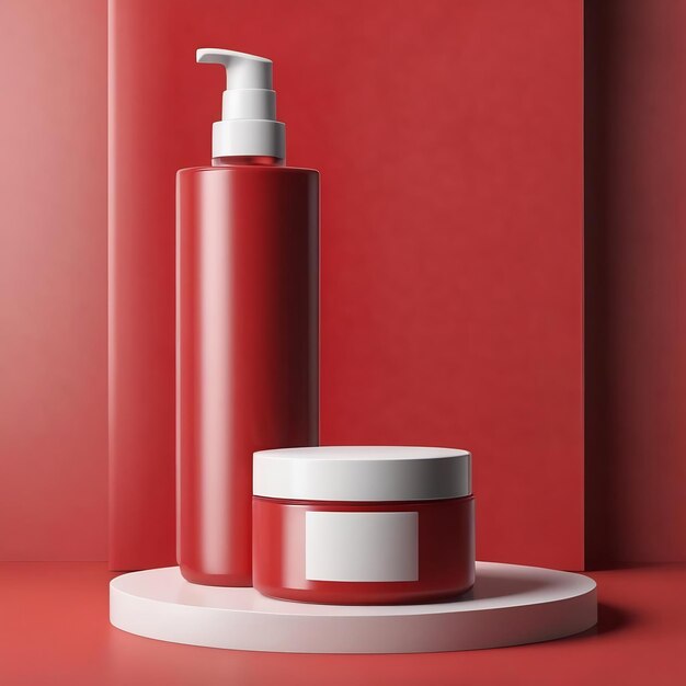 3d rendering of blank product background for cream cosmetics modern red podium background