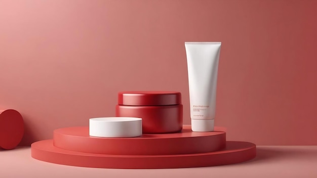 3d rendering of blank product background for cream cosmetics modern red podium background