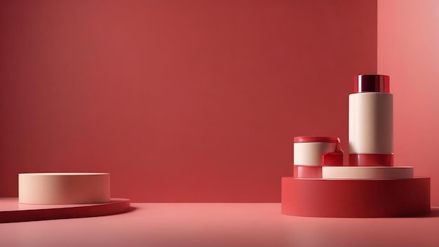 크림 화장품의 빈 제품 배경의 3d 렌더링 현대 적색 포디움 배경