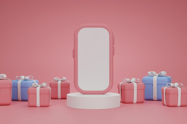 3d rendering blank screen smartphone on white podium with gift boxes on pink background