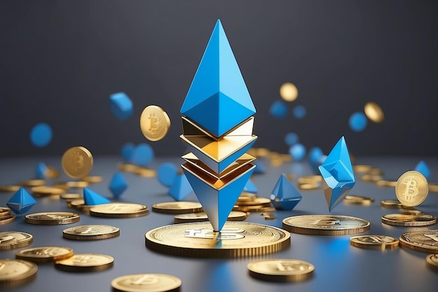 3d rendering blauw ethereum teken drijvend op een goud crypto valuta bitcoin met grijze kopie ruimte achtergrond