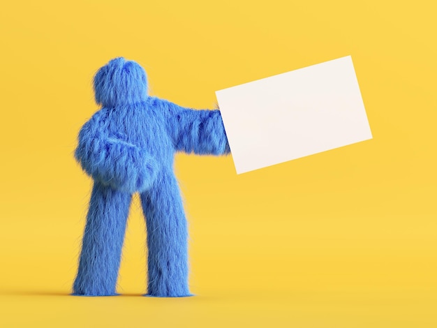 Foto 3d rendering blauw harige cartoon personage grappig harig speelgoed houdt witte kaart