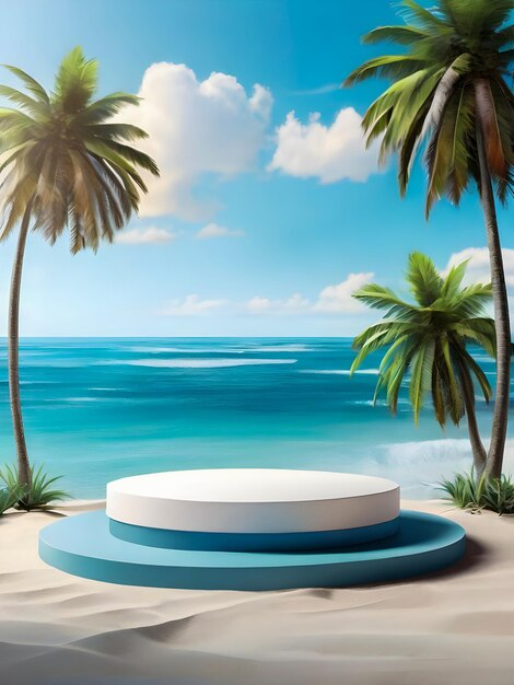 3d rendering blauw Podium podium op zomer strand landschap achtergrond met tropische palmbomen