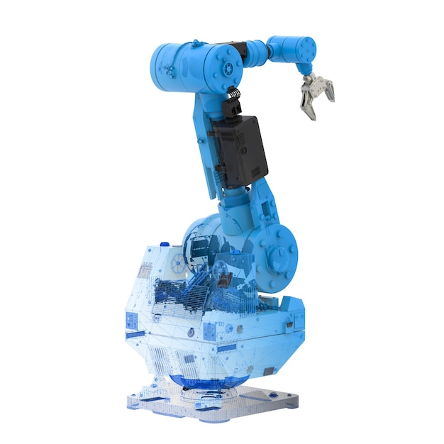 3D-rendering blauwe draadframe robotarm op witte achtergrond