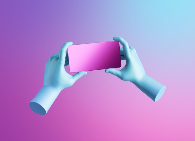 3d rendering blauwe handen houd kaart of smartphone digitaal apparaat