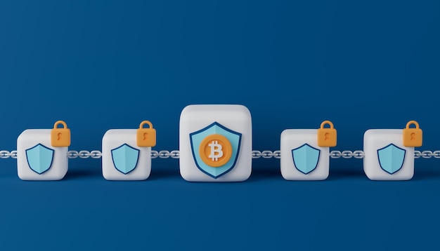 방패 아이콘 bitcoin 및 자물쇠와 3d 렌더링 블록 체인 보안 그림