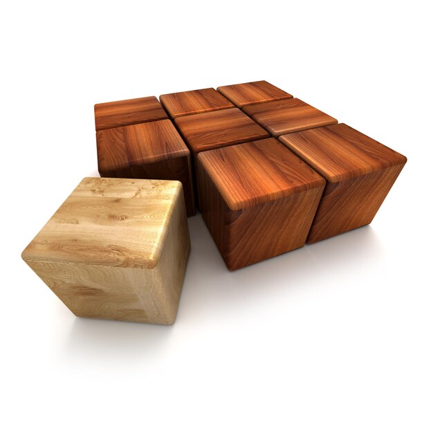 3D rendering of blocs in different kind of woods