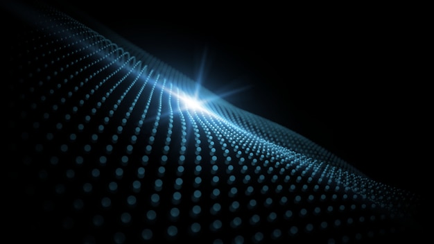 3D Rendering of blue abstract geometry dots waves with flare light. 