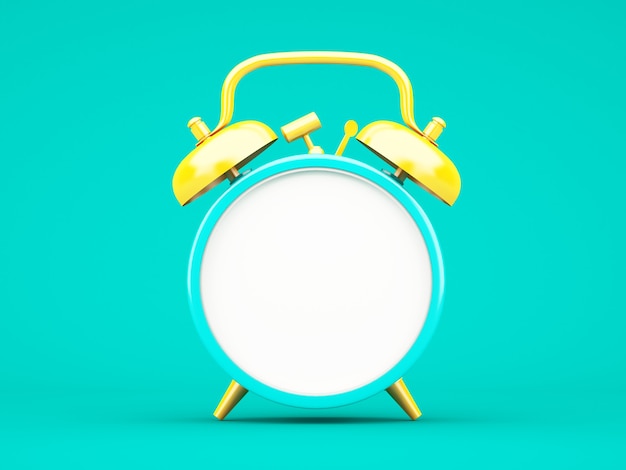 3d rendering blue alarm clock on blue background