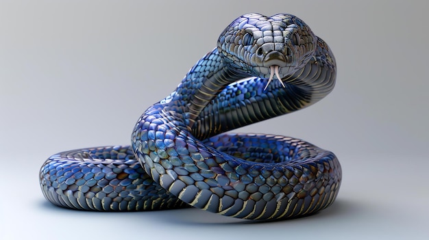 Foto rendering 3d di un serpente blu e nero arrotolato e pronto a colpire su uno sfondo bianco