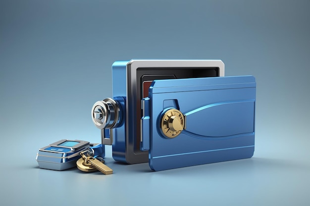 3d rendering blue credit card with safe